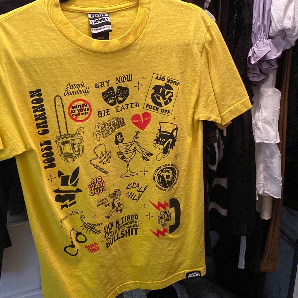 Broken Promises sticker book tattoo yellow shirt